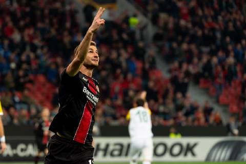 Leverkusen, Germany, 04.10.2018, UEFA Europa League - 2018 19 Season, Vorrunde, Gruppenphase - Gruppe A - 2. Spieltag, Bayer 04 Leverkusen - AEK Larnaka, Torjubel, Lucas Alario (B04) jubelt nach seinem treffer zum 2:1 ( DeFodi001