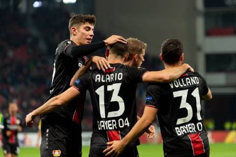 Leverkusen, Germany, 04.10.2018, UEFA Europa League - 2018 19 Season, Vorrunde, Gruppenphase - Gruppe A - 2. Spieltag, Bayer 04 Leverkusen - AEK Larnaka, Torjubel, jubel umLucas Alario (B04) nach dem treffer zum 2:1 ( DeFodi001