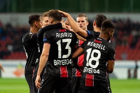 Leverkusen, Germany, 04.10.2018, UEFA Europa League - 2018 19 Season, Vorrunde, Gruppenphase - Gruppe A - 2. Spieltag, Bayer 04 Leverkusen - AEK Larnaka, Torjubel, jubel umLucas Alario (B04) nach dem treffer zum 2:1 ( DeFodi001