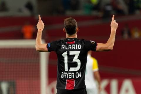 Sport Bilder des Tages Leverkusen, Germany, 04.10.2018, UEFA Europa League - 2018 19 Season, Vorrunde, Gruppenphase - Gruppe A - 2. Spieltag, Bayer 04 Leverkusen - AEK Larnaka, Torjubel, Lucas Alario (B04) jubelt nach seinem treffer zum 2:1 ( DeFodi001