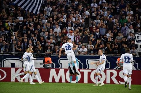 But et joie Pieros Sotiriou (conp) FOOTBALL : Bordeaux vs Copenhague - 2eme Tour Ligue Europa - Bordeaux - 04 10 2018 ThierryBreton Panoramic 