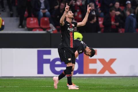 Fußball Europa League Gruppenphase 2. Spieltag Bayer 04 Leverkusen - AEK Larnaka am 04.10.2018 in der BayArena in Leverkusen Torjubel zum 3:1 durch Lucas Nicolas Alario ( Leverkusen ) DFL DFB regulations prohibit any use of photographs as image sequences and or quasi-video.