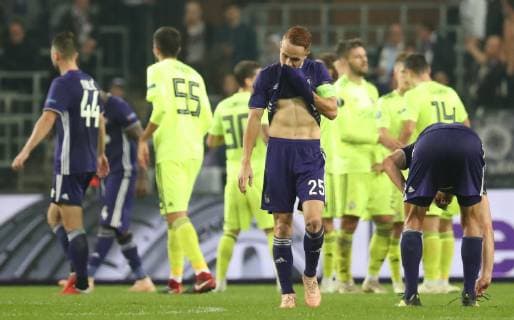 Anderlecht s Adrien Trebel looks dejected after a game of Belgian soccer team RSC Anderlecht against Croatian team Dinamo Zagreb in Anderlecht, Thursday 04 October 2018, on day two of the Europa League group stage, in group D. VIRGINIExLEFOUR  x05440725x