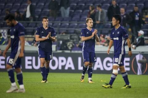Anderlecht s Kenneth Kenny Saief, Anderlecht s Ivan Santini, Anderlecht s Yevhenii Makarenko and Anderlecht s Ryota Morioka look dejected after a game of Belgian soccer team RSC Anderlecht against Croatian team Dinamo Zagreb in Anderlecht, Thursday 04 October 2018, on day two of the Europa League group stage, in group D. JASPERxJACOBS  x05440727x