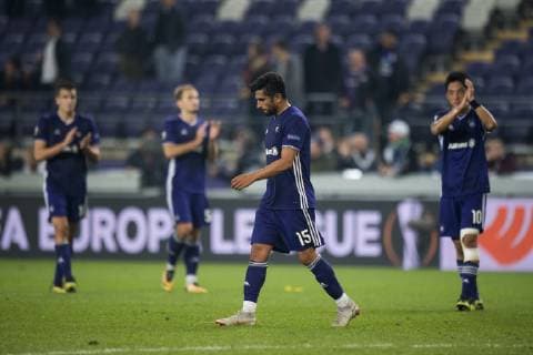 Anderlecht s Kenneth Kenny Saief, Anderlecht s Ivan Santini, Anderlecht s Yevhenii Makarenko and Anderlecht s Ryota Morioka look dejected after a game of Belgian soccer team RSC Anderlecht against Croatian team Dinamo Zagreb in Anderlecht, Thursday 04 October 2018, on day two of the Europa League group stage, in group D. JASPERxJACOBS  x05440729x