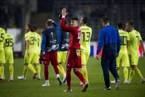 Dinamo Zagreb s goalkeeper Dominik Livakovic and Dinamo Zagreb s players celebrate after winning a game of Belgian soccer team RSC Anderlecht against Croatian team Dinamo Zagreb in Anderlecht, Thursday 04 October 2018, on day two of the Europa League group stage, in group D. JASPERxJACOBS  x05440731x