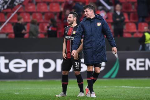 Fußball Europa League Gruppenphase 2. Spieltag Bayer 04 Leverkusen - AEK Larnaka am 04.10.2018 in der BayArena in Leverkusen Kevin Volland ( Leverkusen ), links - Kai Havertz ( Leverkusen ), rechts DFL DFB regulations prohibit any use of photographs as image sequences and or quasi-video.