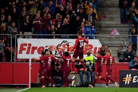 SOCCER - UEFA EL, RBS vs Celtic SALZBURG,AUSTRIA,04.OCT.18 - SOCCER - UEFA Europa League, group stage, Red Bull Salzburg vs Celtic FC Glasgow. Image shows the rejoicing of RBS. GEPAxpictures xFlorianxErtl