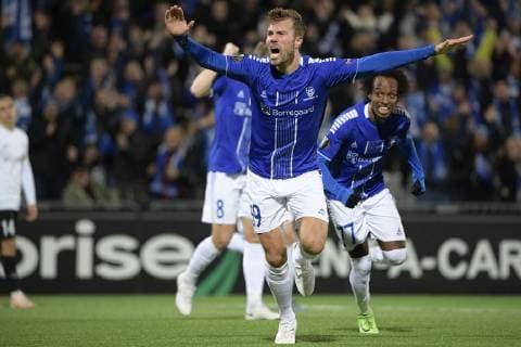 Sarpsborg s Patrick Mortensen celebrates after scoring during a game of Belgian soccer team KRC Racing Genk against Norwegian Sarpsborg 08 FF, in Sarpsborg, Norway, Thursday 04 October 2018, on day two of the Europa League group stage in group I. YORICKxJANSENS  x05440751x