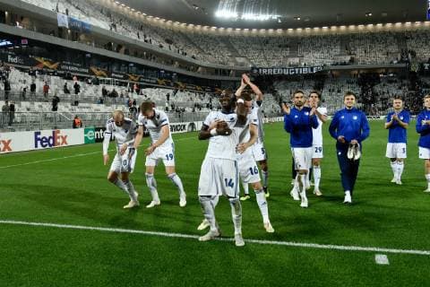 Joie fin de match Copenhague FOOTBALL : Bordeaux vs Copenhague - 2eme Tour Ligue Europa - Bordeaux - 04 10 2018 ThierryBreton Panoramic 
