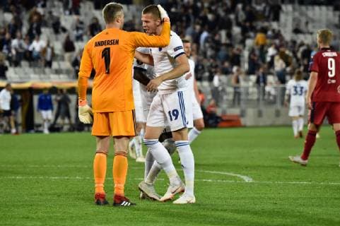 Joie fin de match Copenhague FOOTBALL : Bordeaux vs Copenhague - 2eme Tour Ligue Europa - Bordeaux - 04 10 2018 ThierryBreton Panoramic 