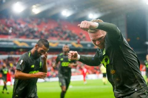 Standard s Renaud Emond celebrates after scoring during a game of Belgian soccer team Standard de Liege against Turkish team Akhisar Belediyespor, in Liege, Thursday 04 October 2018, on day two of the Europa League group stage in group J. BRUNOxFAHY  x05440790x