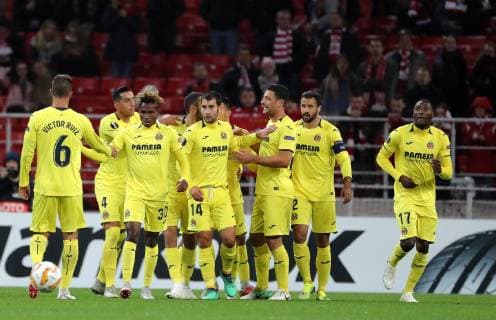 MOSCOW, RUSSIA â€“ OCTOBER 4, 2018: Villarreal s Karl Toko Ekambi (R) and his teammates celebrate scoring in their 2018 19 UEFA Europa League Group G Round 2 football match against FC Spartak Moscow at Otkrytie Arena Stadium. Sergei Fadeichev TASS  TS09291E