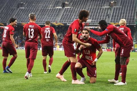 SOCCER - UEFA EL, RBS vs Celtic SALZBURG,AUSTRIA,04.OCT.18 - SOCCER - UEFA Europa League, group stage, Red Bull Salzburg vs Celtic FC Glasgow. Image shows the rejoicing of Munas Dabbur (RBS). GEPAxpictures xMathiasxMandl