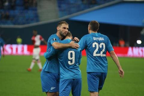Russian Federation. St. Petersburg. Arena St. Petersburg. Zenit Arena. UEFA Europa League. 2 round of group C. FC Zenit - FC Slavia Prague. Player football club Zenit Alexander Kokorin MaksimxKonstantinov 