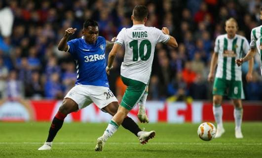 SOCCER - UEFA EL, Rangers vs Rapid GLASGOW,SCOTLAND,04.OCT.18 - SOCCER - UEFA Europa League, group stage, Glasgow Rangers FC vs SK Rapid Wien. Image shows Alfredo Morelos (Rangers) and Thomas Murg (Rapid). Keywords: Wien Energie. GEPAxpictures xPhilippxBrem