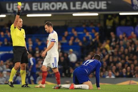 4th October 2018, Stamford Bridge, London, England; UEFA Europa League football, Chelsea versus Videoton; Szabolcs Huszti of MOL Vidi is shown a yellow card for a foul on Mateo Kovacic of Chelsea  ActionPlus12068038 ShaunxBrooks