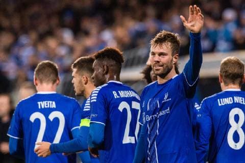 Fußball, EL, Sarpsborg 08 FF - KRC Genk 181004 Patrick Mortensen of Sarpsborg 08 celeberates after 3-1 during the Europa League match between Sarpsborg 08 and Genk on October 4, 2018 in Sarpsborg. Photo: Fredrik Varfjell BILDBYRN kod FV 150147 Copyright: FREDRIKxVARFJELL BB181004FV023