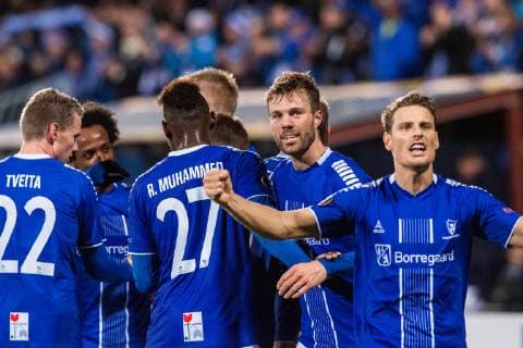 Fußball, EL, Sarpsborg 08 FF - KRC Genk 181004 Patrick Mortensen of Sarpsborg 08 celeberates after 3-1 during the Europa League match between Sarpsborg 08 and Genk on October 4, 2018 in Sarpsborg. Photo: Fredrik Varfjell BILDBYRN kod FV 150147 Copyright: FREDRIKxVARFJELL BB181004FV024