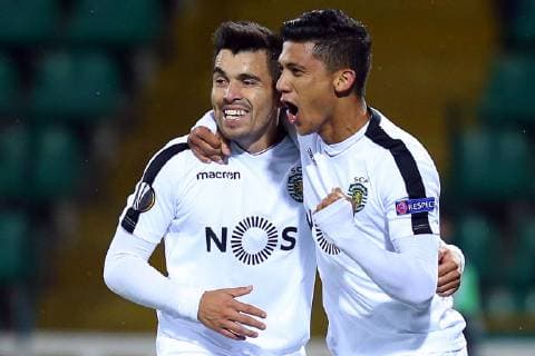 04.10.2018 Poltava(Ukraine) FC Vorskla-Sporting CP Europa League men s football Marcus Acuna(L),Fredy Montero(r) Sporting CP celebrate goal :Str 