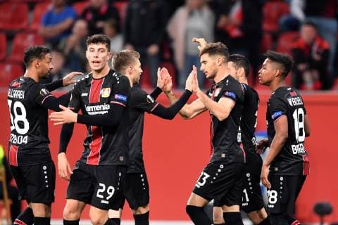 Fussball, UEFA Europa League, Saison 2018 2019, Vorrunde, Spiel 2, Bayer 04 Leverkusen-AEK Larnaka, 04.010.2018, Bayarena Leverkusen, Karim Bellarabi, Kai Havertz, Mitchell Weiser, Lucas Alario, Kevin Volland, Wendell, alle Bayer 04 Leverkusen, Torjubel