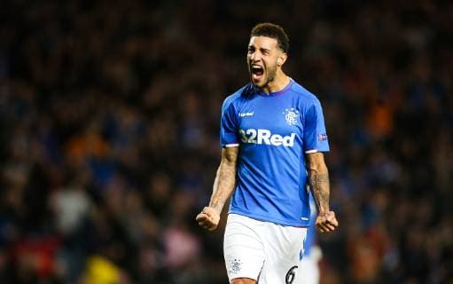 SOCCER - UEFA EL, Rangers vs Rapid GLASGOW,SCOTLAND,04.OCT.18 - SOCCER - UEFA Europa League, group stage, Glasgow Rangers FC vs SK Rapid Wien. Image shows the rejoicing of Connor Goldson (Rangers). Keywords: Wien Energie. GEPAxpictures xPhilippxBrem