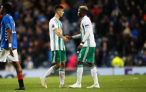 SOCCER - UEFA EL, Rangers vs Rapid GLASGOW,SCOTLAND,04.OCT.18 - SOCCER - UEFA Europa League, group stage, Glasgow Rangers FC vs SK Rapid Wien. Image shows Mert Muelduer (Rapid) and Boli Bolingoli-Mbombo (Rapid). Keywords: Wien Energie. GEPAxpictures xPhilippxBrem