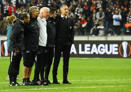 Trainerteam der Eintracht um Trainer Adi Hütter (Eintracht Frankfurt) - 04.10.2018: Eintracht Frankfurt vs. Lazio Rom, UEFA Europa League 2. Spieltag, Commerzbank Arena, DISCLAIMER: DFL regulations prohibit any use of photographs as image sequences and or quasi-video.