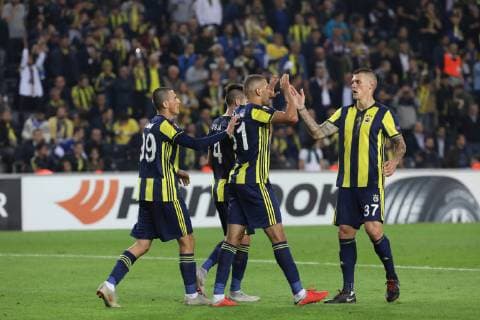 Fenerbahce Players celebrates for Islam Slimani s goal during the UEFA Europa League Group D match between Fenerbahce and Spartak Trnava at Ulker Stadium in Istanbul , Turkey on October 04 , 2018 