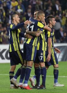 Fenerbahce Players celebrates for Islam Slimani s goal during the UEFA Europa League Group D match between Fenerbahce and Spartak Trnava at Ulker Stadium in Istanbul , Turkey on October 04 , 2018 