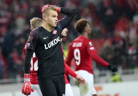 MOSCOW, RUSSIA â€“ OCTOBER 4, 2018: FC Spartak Moscow s goalkeeper Alexander Maksimenko in their 2018 19 UEFA Europa League Group G Round 2 football match against Villarreal at Otkrytie Arena Stadium. Sergei Fadeichev TASS  TS092967