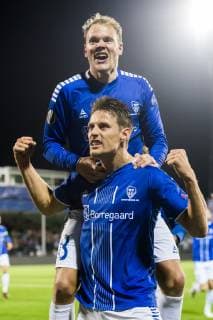 Fußball, EL, Sarpsborg 08 FF - KRC Genk 181004 Kristoffer Zachariassen of Sarpsborg 08 celebrates after scoring 2-1 during the Europa League match between Sarpsborg 08 and Genk on October 4, 2018 in Sarpsborg. Photo: Fredrik Varfjell BILDBYRAN kod FV 150147 Copyright: FREDRIKxVARFJELL BB181004FV033