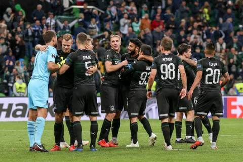 KRASNODAR, RUSSIA â€“ OCTOBER 4, 2018: FC Krasnodar s players celebrate winning their 2018 19 UEFA Europa League Group J Round 2 football match against Sevilla FC at Krasnodar Stadium. FC Krasnodar won the game 2:1. Vitaly Timkiv TASS  TS092970