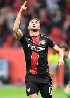 Fussball, UEFA Europa League, Saison 2018 2019, Vorrunde, Spiel 2, Bayer 04 Leverkusen-AEK Larnaka, 04.010.2018, Bayarena Leverkusen, Lucas Alario, Bayer 04 Leverkusen,Torjubel Aktion, Einzelbild,