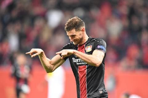 Fussball, UEFA Europa League, Saison 2018 2019, Vorrunde, Spiel 2, Bayer 04 Leverkusen-AEK Larnaka, 04.010.2018, Bayarena Leverkusen, Lucas Alario, Bayer 04 Leverkusen,Torjubel