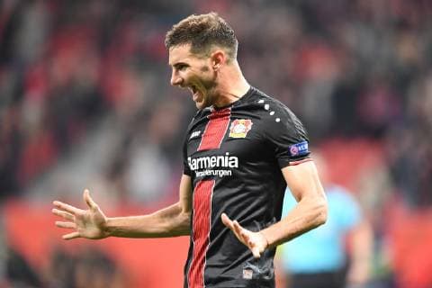 Fussball, UEFA Europa League, Saison 2018 2019, Vorrunde, Spiel 2, Bayer 04 Leverkusen-AEK Larnaka, 04.010.2018, Bayarena Leverkusen, Lucas Alario Bayer 04 Leverkusen,Torjubel