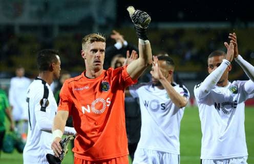 04.10.2018 Poltava(Ukraine) FC Vorskla-Sporting CP Europa League men s football Romain Salin(L) Sporting CP celebrate victory :Str 