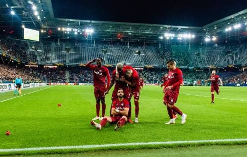04.10.2018, Red Bull Arena, Salzburg, AUT, UEFA EL, FC Salzburg vs Celtic Glasgow, Gruppe B, im Bild Torjubel FC Salzburg zum 3:1 durch Munas Dabbur (FC Salzburg) during the UEFA Europa League Group B Match between FC Salzburg and Celtic Glasgow at the Red Bull Arena in Salzburg, Austria on 2018 10 04. Salzburg