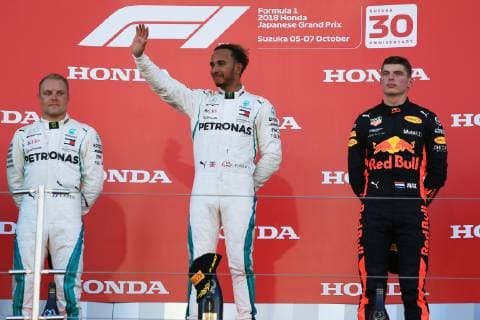 7th October 2018, Suzuka International Racing Course, Suzuka City, Japan; Formula One Grand Prix of Japan, race day; Mercedes AMG Petronas Motorsport, Lewis Hamilton wins in Japan followed by team mate Valtteri Bottas and Aston Martin Red Bull Racing TAG Heuer, Max Verstappen  ActionPlus12068989 Octane
