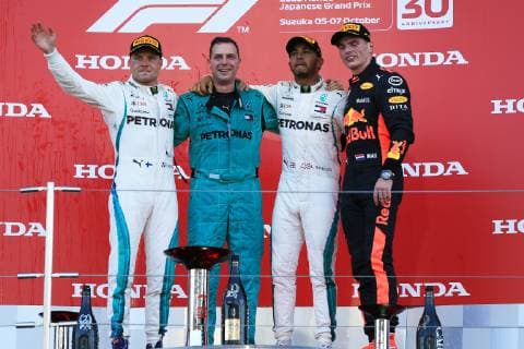 7th October 2018, Suzuka International Racing Course, Suzuka City, Japan; Formula One Grand Prix of Japan, race day; Mercedes AMG Petronas Motorsport, Lewis Hamilton wins in Japan followed by team mate Valtteri Bottas and Aston Martin Red Bull Racing TAG Heuer, Max Verstappen  ActionPlus12068992 Octane