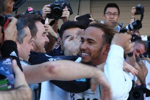 7th October 2018, Suzuka International Racing Course, Suzuka City, Japan; Formula One Grand Prix of Japan, race day; Mercedes AMG Petronas Motorsport, Lewis Hamilton wins in Japan and celebrates with his team  ActionPlus12068996 Octane