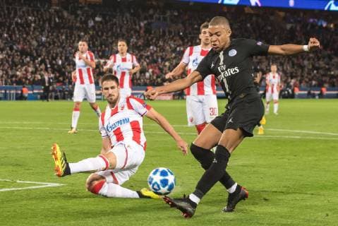 (L-R) Milos Degenek of Red Star Belgrade, Kylian Mbappe of Paris Saint-Germain during the UEFA Champions League group C match between Paris St Germain and Crvena zvezda at the Parc des Princes on October 03, 2018 in Paris, France UEFA Champions League 2018 2019 xVIxVIxImagesx xGerritxvanxKeulenxIVx 12387345