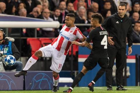 (L-R) Lorenzo Ebecilio of Red Star Belgrade, Thilo Kehrer of Paris Saint-Germain during the UEFA Champions League group C match between Paris St Germain and Crvena zvezda at the Parc des Princes on October 03, 2018 in Paris, France UEFA Champions League 2018 2019 xVIxVIxImagesx xGerritxvanxKeulenxIVx 12387422