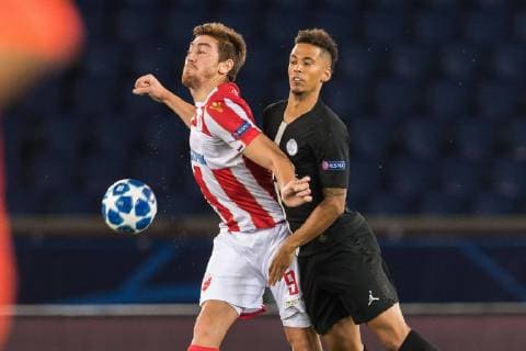 (L-R) Milan Pavkov of Red Star Belgrade, Thilo Kehrer of Paris Saint-Germain during the UEFA Champions League group C match between Paris St Germain and Crvena zvezda at the Parc des Princes on October 03, 2018 in Paris, France UEFA Champions League 2018 2019 xVIxVIxImagesx xGerritxvanxKeulenxIVx 12387429