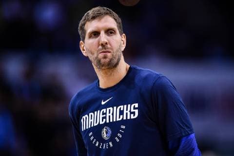 Dirk Nowitzki of Dallas Mavericks reacts before the Shenzhen match of the NBA Basketball Herren USA China Games against Philadelphia 76ers in Shenzhen city, south China s Guangdong province, 8 October 2018. Mavericks beat 76ers 115-112 at Shenzhen match of NBA China Games. Dallas tops 76ers 115-112 at Shenzhen match of NBA China Games  20181008_90160