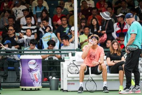 German tennis player Alexander Zverev, left, and his girlfriend Olga Sharypova take part in a training session with Swiss tennis star Roger Federer in preparation for the Rolex Shanghai Masters 2018 tennis tournament in Shanghai, China, 9 October 2018. Roger Federer, Alexander Zverev make preparations for Rolex Shanghai Masters 2018  pbu881106_36