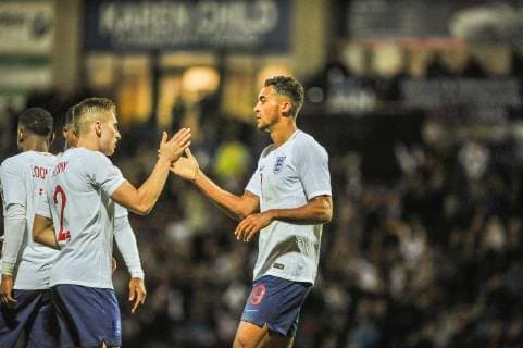 England U21 U 21 s Jonjoe Kenny and Dominic Calvert-Lewin during the UEFA EURO EM Europameisterschaft Fussball U21 Qualifier international match L?nderspiel between England and Andorra at the Proact stadium, Chesterfield, England on 11 October 2018. Copyright: xSxBuckleyx PMI-2310-0023