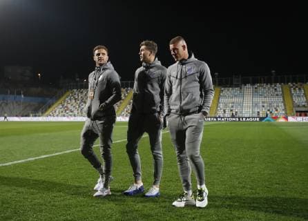 Kyle Walker, John Stones and Ross Barkley of England during the Uefa Nations League, Group A4 match at Stadion HNK Rijeka, Rijeka. Picture date: 12th October 2018. Picture credit should read: David Klein Sportimage EDITORIAL USE ONLY. No use with unauthorised audio, video, data, fixture lists, club league logos or live services. Online in-match use limited to 120 images, no video emulation. No use in betting, games or single club league player publications.