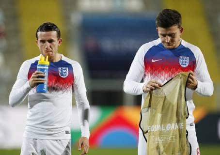 Ben Chilwell and Harry Maguire of England warm up before the Uefa Nations League, Group A4 match at Stadion HNK Rijeka, Rijeka. Picture date: 12th October 2018. Picture credit should read: David Klein Sportimage EDITORIAL USE ONLY. No use with unauthorised audio, video, data, fixture lists, club league logos or live services. Online in-match use limited to 120 images, no video emulation. No use in betting, games or single club league player publications.