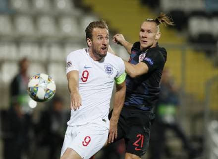 Harry Kane of England tackled by Domagoj Vida of Croatia during the Uefa Nations League, Group A4 match at Stadion HNK Rijeka, Rijeka. Picture date: 12th October 2018. Picture credit should read: David Klein Sportimage EDITORIAL USE ONLY. No use with unauthorised audio, video, data, fixture lists, club league logos or live services. Online in-match use limited to 120 images, no video emulation. No use in betting, games or single club league player publications.